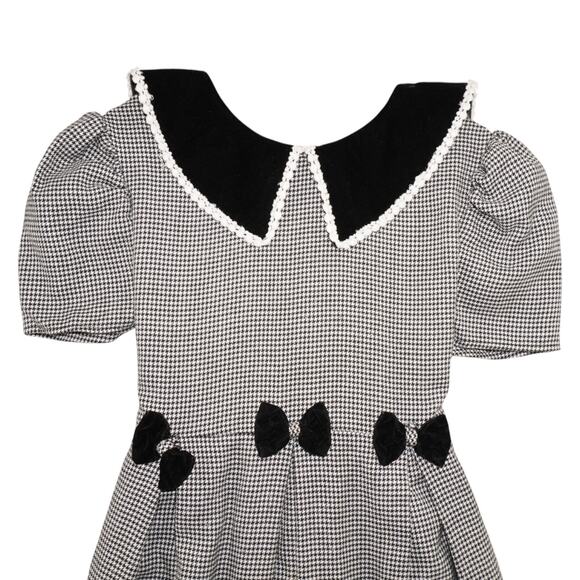 Vintage Bonnie Jean Girls Houndstooth Dress Black Velvet Collar Bows Size 16 - Picture 4 of 9